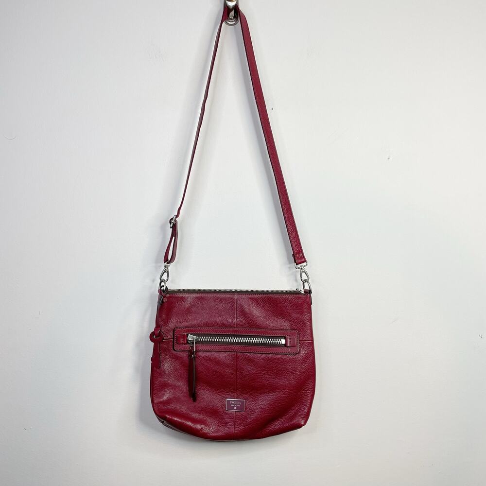 Fossil Dawson Top Zip Pebbled Leather Crossbody Shoulder Bag Purse Wine Burgundy